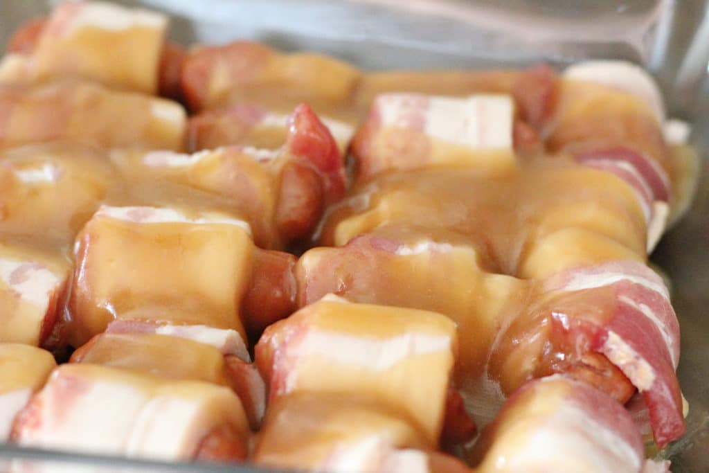 Bacon wrapped smokies covered in sauce