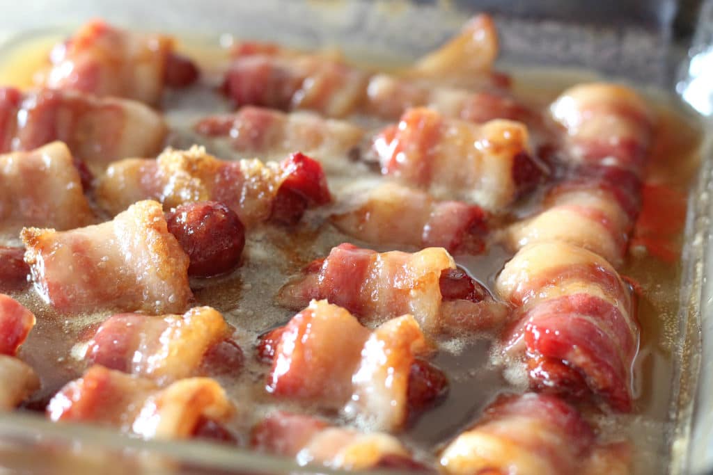 bacon wrapped smokies out of the oven, ready to eat