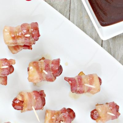 Bacon wrapped smokies on a plate, party food perfection