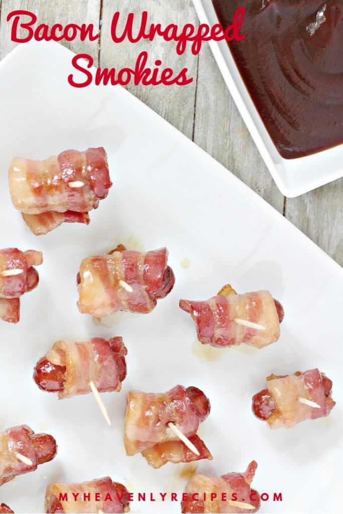 Bacon wrapped smokies on a plate, party food perfection