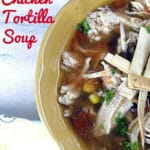 bowl of chicken tortilla soup made in the slow cooker