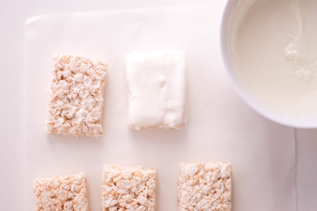 rice krispie treat covered in white chocolate
