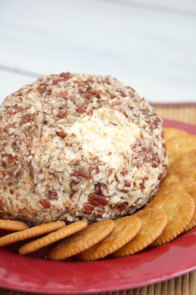 Chicken bacon ranch cheeseball with a scoop out. 