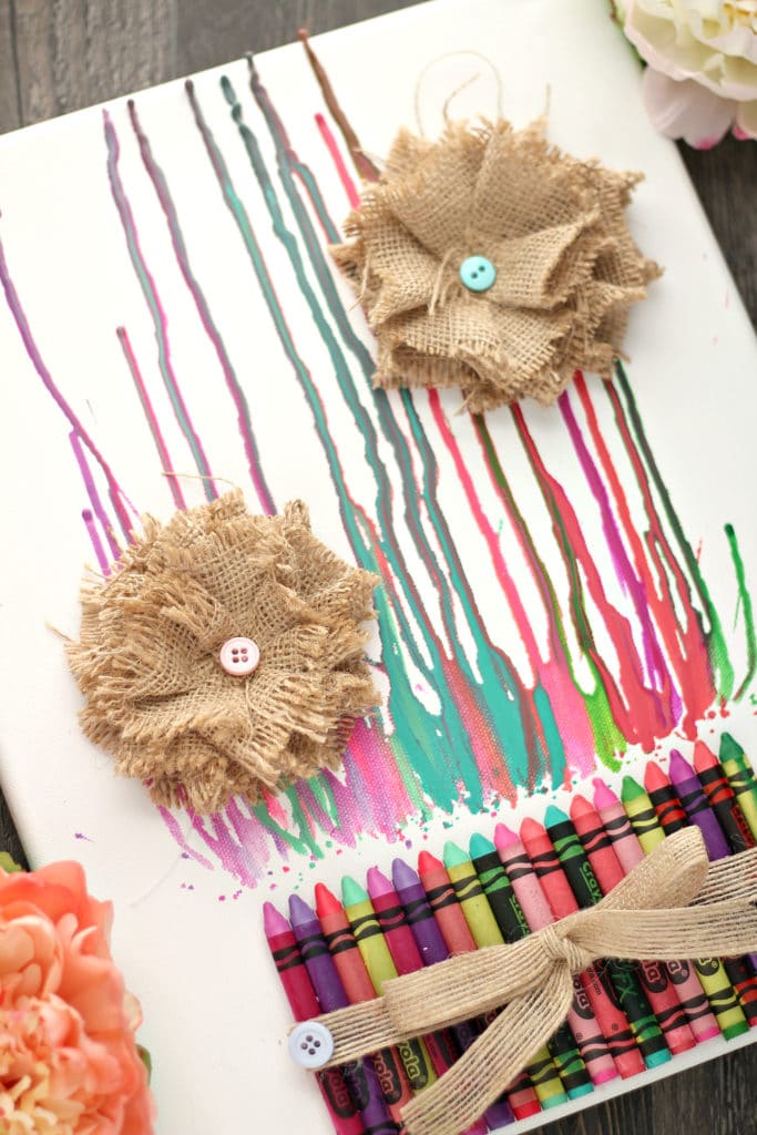 melted crayons with burlap flowers