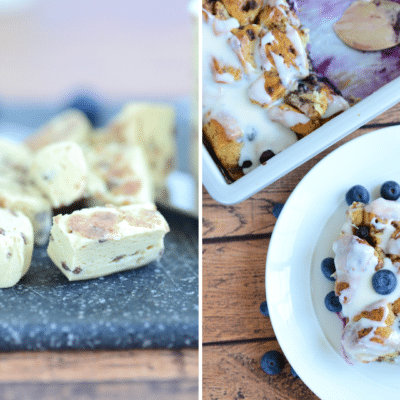 blueberry cinnamon roll french toast prep and final featured image