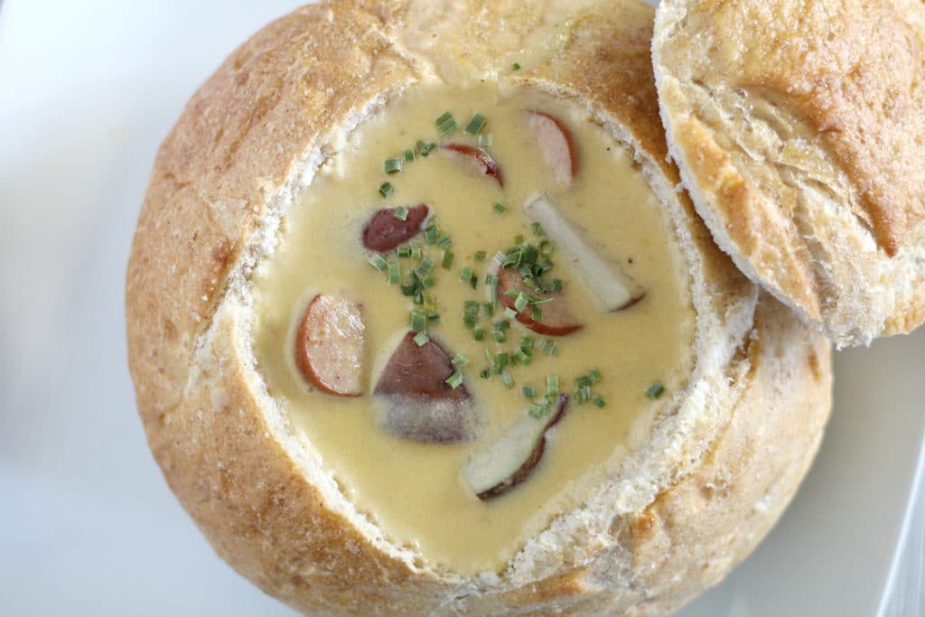 Beer Cheese Soup in a bread bowl
