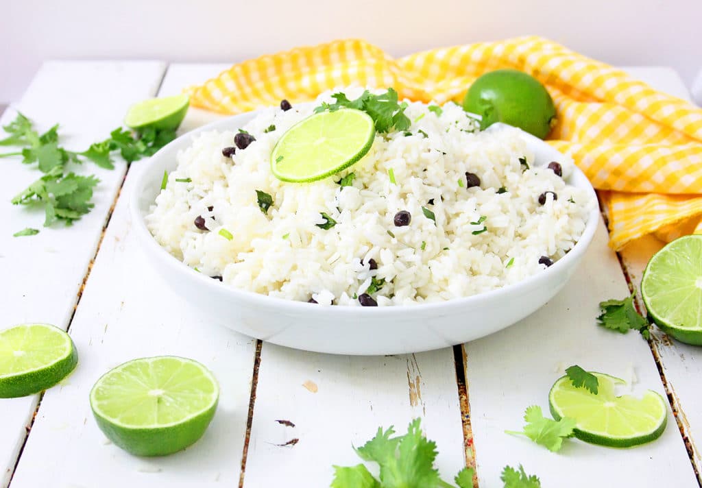 Instant Pot Lime Rice with Cilantro in a white bowl