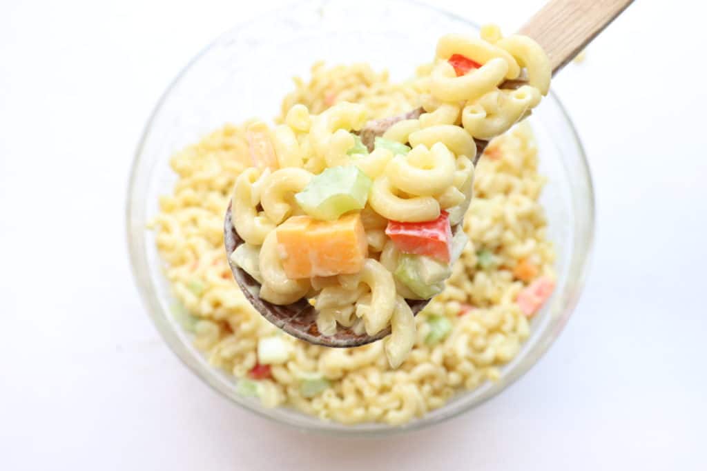 macaroni salad on a spoon