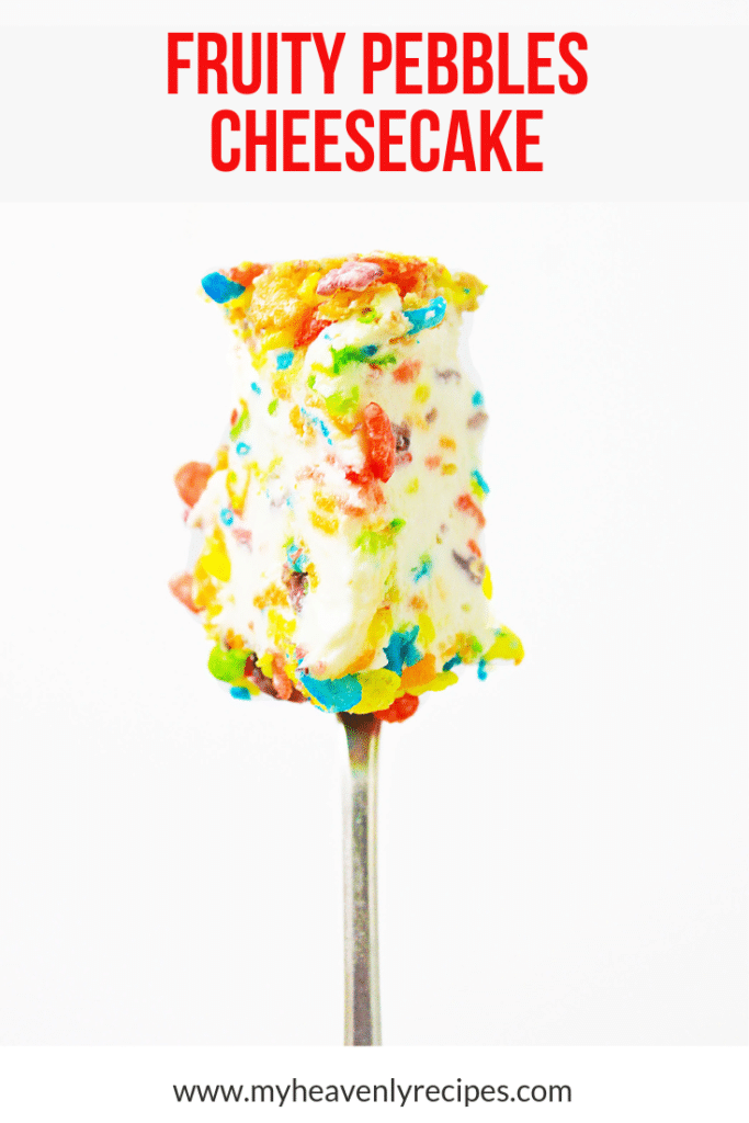 bite of fruity pebbles cheesecake on a fork