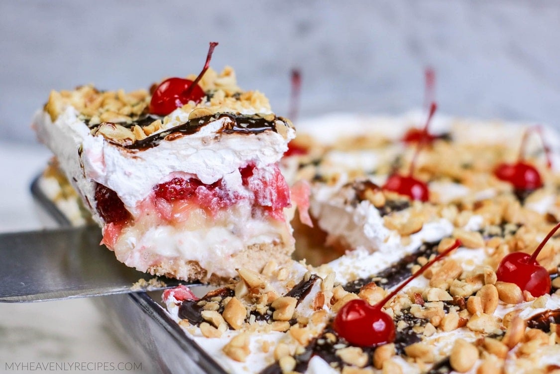 No Bake Banana Split Cake My Heavenly Recipes 