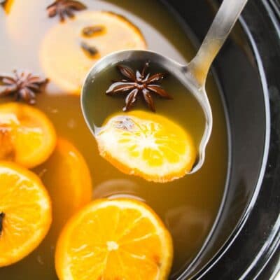 crockpot full with a ladle of mulled apple cider