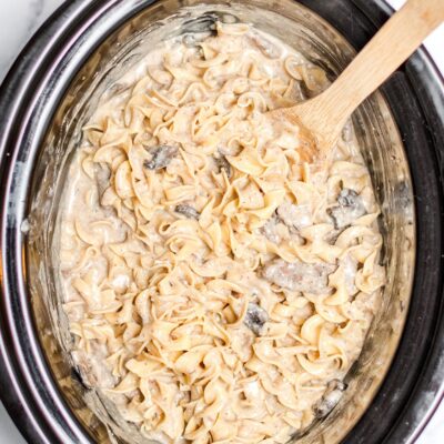 beef stroganoff in crockpot with spoon