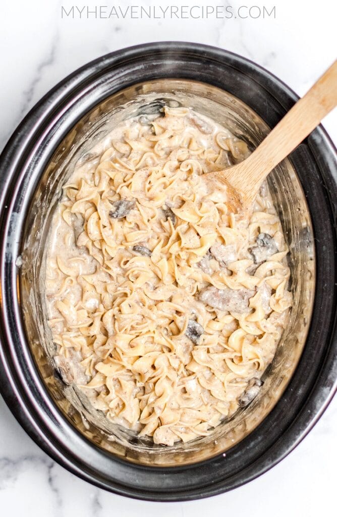beef stroganoff in crockpot with spoon