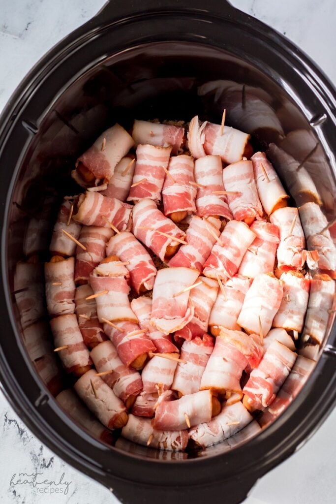 Easy Appetizer - Slow Cooker Glazed Bacon Wrapped Sausage Bites - Merry  About Town