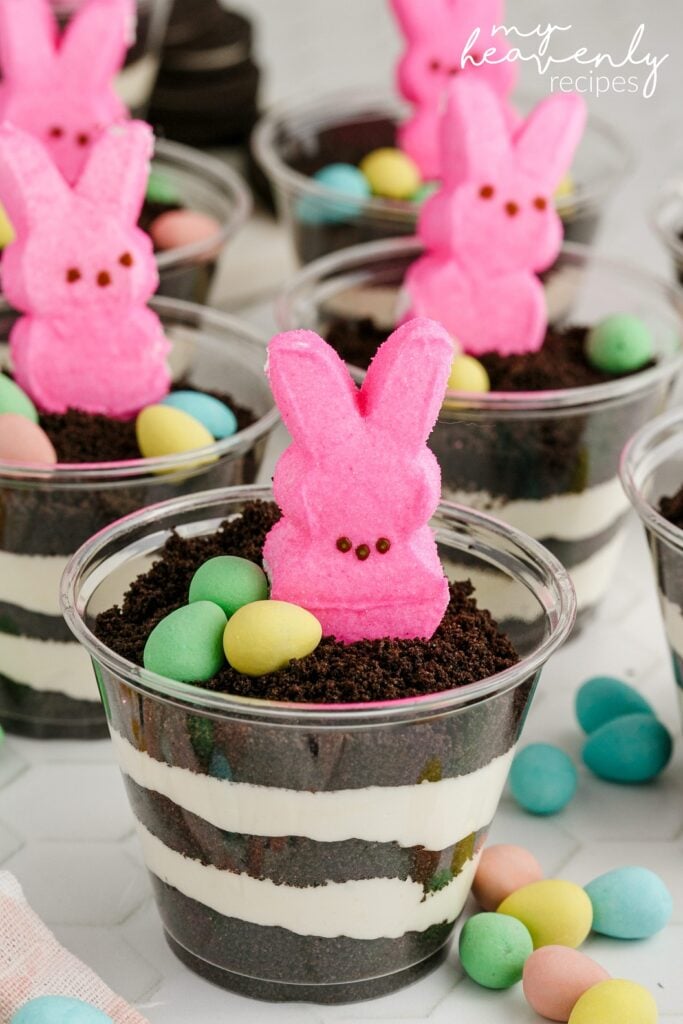 Easter Dirt Pudding Cups - with Peeps! - Just is a Four Letter Word