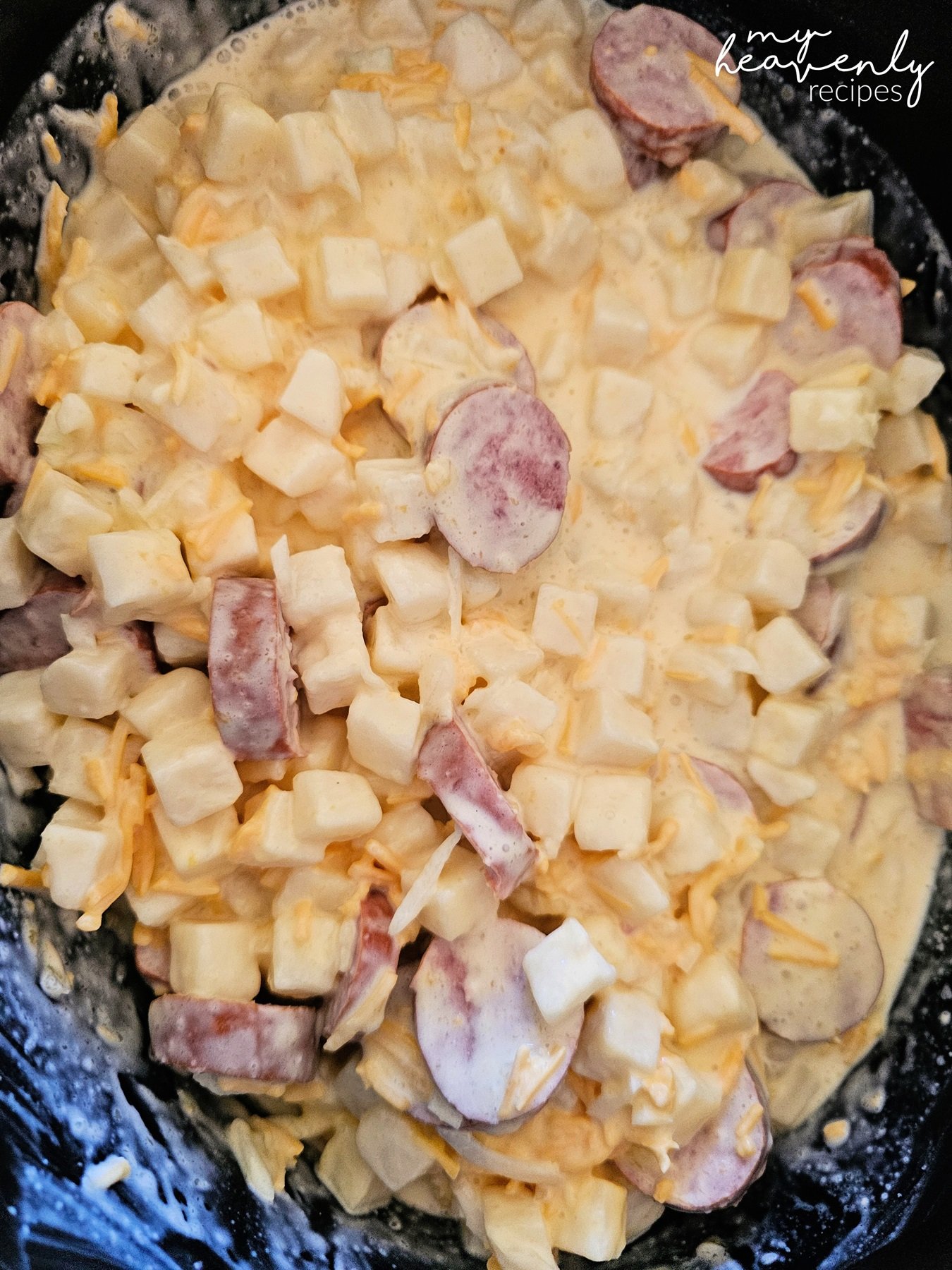 Crockpot Cheesy Potatoes and Kielbasa - My Heavenly Recipes